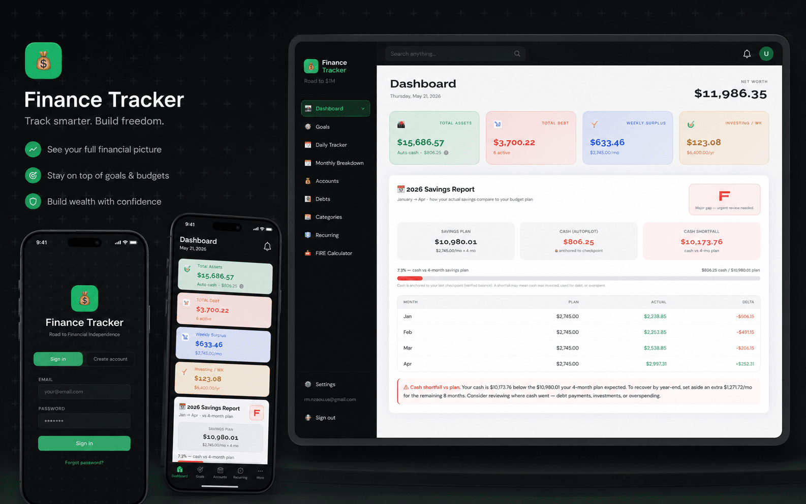 Finance Tracker dashboard and mobile app preview