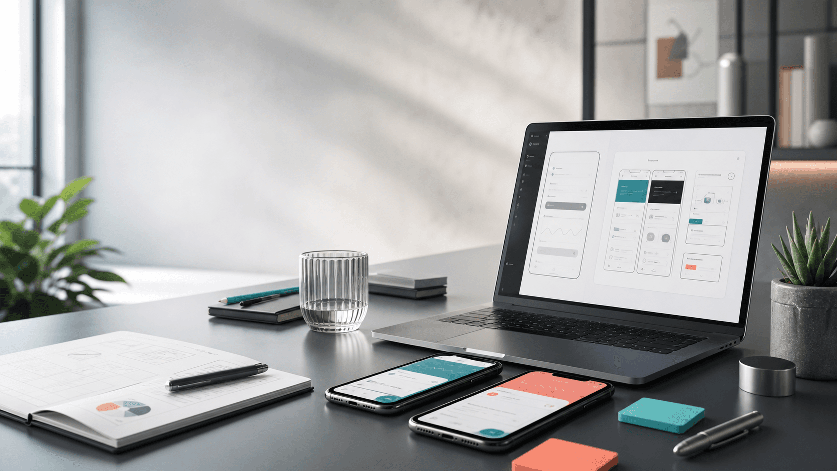 Modern software studio workspace with web and mobile app mockups